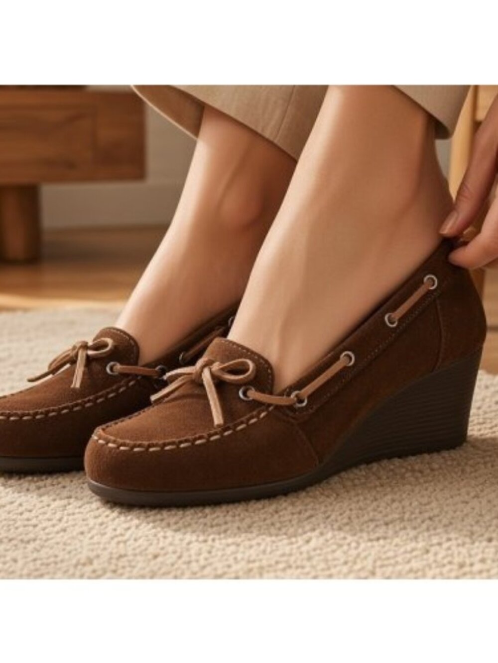 NEW Brown Suede EDDIE BAUER Moccasin Wedge Ladies Size 8